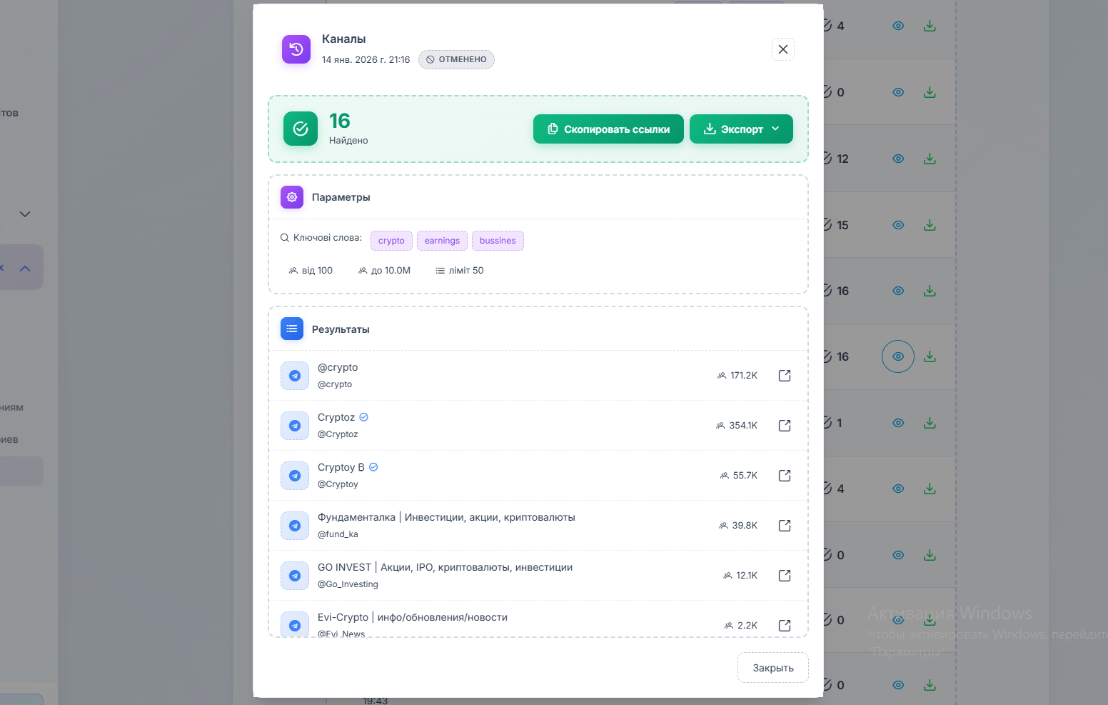 результат парсингу групп телеграм